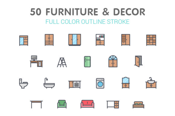 Elevate Your Projects with 50 Furniture & Decor Full-Color Icons